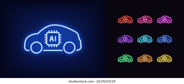 Outline neon AI car icon. Glowing neon electric SUV car with AI algorithms, artificial intelligence driving control system. Smart auto with autopilot system, automatic vehicle, robotaxi. Vector set
