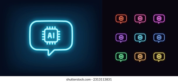 Icono de mensaje AI de esquema neón. Mensaje de burbuja de neón brillante con señal de chip AI, interacción de chat bot. Chat con algoritmos de IA, mensajero con robot inteligente virtual y control de órdenes AI. Conjunto de iconos del vector