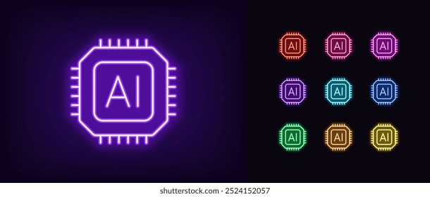 Contornar o conjunto de ícones de microchips neon AI. Processador de computação neon brilhante para tarefas de IA. Microcircuito de CPU de computador, microprocessador inteligente com algoritmos de IA integrados, chip de rede neural. Ícone de vetor