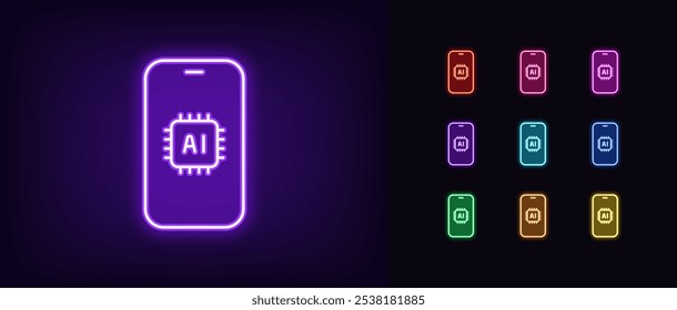 Conjunto de iconos de teléfono AI de neón de contorno. Smartphone de neón brillante con funciones de IA incorporadas, asistente integrado con inteligencia artificial. Chip móvil con algoritmos de IA, núcleo de control inteligente. Iconos del vector