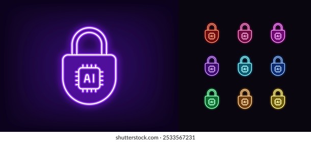 Outline neon AI security, icon set. Glowing neon digital lock with AI chip, cybersecurity control with AI algorithms. Artificial intelligence in data protection system, private safety. Vector icons