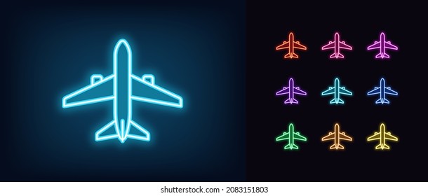 Outline neon airplane icon. Glowing neon plane sign, aircraft pictogram in vivid colors. Personal airplane, private jet, air journey and transportation, flight. Vector icon set, symbol for UI