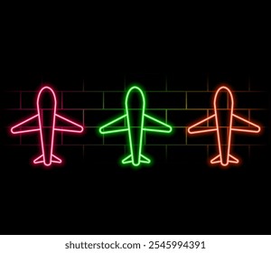 Outline neon airplane icon. Glowing neon plane sign, aircraft pictogram in vivid colors. Personal airplane, private jet, air journey and transportation, flight. Vector icon set, symbol for UI.