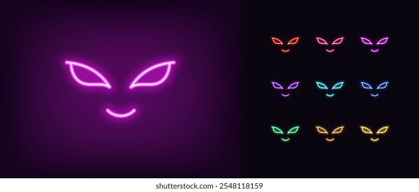 Outline neon alien eyes icon set. Glowing neon alien sight with big eyes and cute smile, martian look. Space alien stare, humanoid gaze, gaming emoji, extraterrestrial monster sight. Vector icons