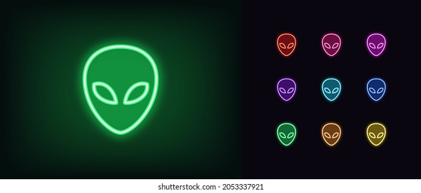Outline neon alien icon. Glowing neon alien face, humanoid emoticon in vivid colors. Space invasion, stranger, alien emoji, extraterrestrial, martian mascot. Vector icon set, sign, symbol for UI