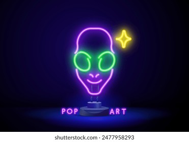 Outline neon alien icon. Glowing neon alien face, humanoid emoticon in vivid colors.