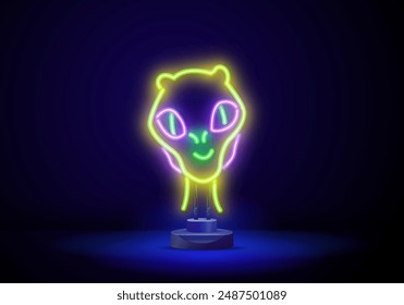 Outline neon alien icon. Glowing neon alien face, humanoid emoticon in vivid colors.