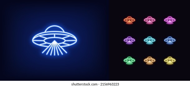 Umriss Neon Alien UFO Symbol. Leuchtende Neon-Alien-Raumsonde mit Abtastbalken, UFO-Raumschiff-Piktogramm. Weltrauminvasion, Marsschiff, nicht identifiziertes Flugobjekt. Vektorsymbol-Set für die Benutzeroberfläche