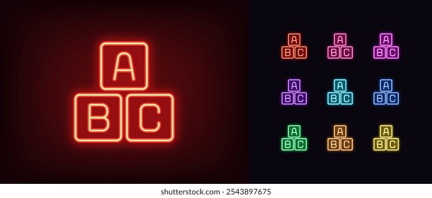 Outline neon alphabet cubes icon set. Glowing neon alphabet blocks with English letters, toy ABC cubes for game in words. Child education and early children development through games. Vector icons