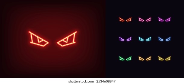 Conjunto de iconos de ojos enojados de neón. Brillantes ojos de neón enojado gamer, mirada de monstruo. Mirada de jugador gruñón, mirada cyborg malvada, vista de demonio, mirada de diablo, ojos malvados, ira de jugador, mirada de dragón. Iconos del vector