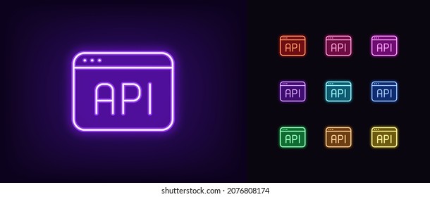 Outline neon API icon. Glowing neon app window with API sign, development interface pictogram. Application programming interface, software and app development. Vector icon set, symbol for UI