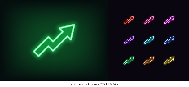 Outline neon arrow growth icon. Glowing neon upward chart sign, rise arrow pictogram in vivid colors. Financial forecast, rise in shares, increase profit, growing trend. Vector icon set, symbol for UI