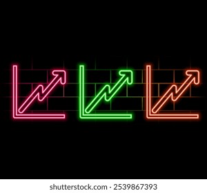 Outline neon arrow growth icon. Glowing neon upward chart sign, rise arrow pictogram in vivid colors. Financial forecast, rise in shares, increase profit, growing trend. Vector icon set, symbol for UI