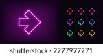 Outline neon arrow icon. Glowing neon pointer sign, arrowhead pictogram. Straight arrow, cursor and interface navigation, go arrow direction, motion pointer, arrowhead move. Vector icon set