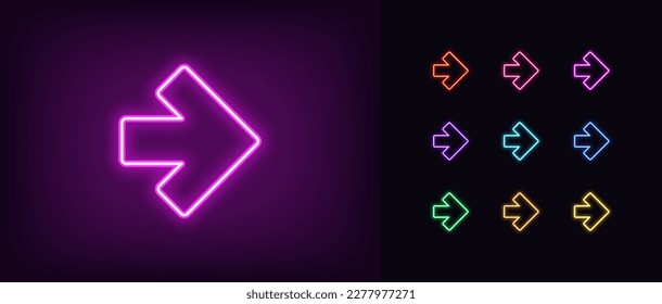 Outline neon arrow icon. Glowing neon pointer sign, arrowhead pictogram. Straight arrow, cursor and interface navigation, go arrow direction, motion pointer, arrowhead move. Vector icon set