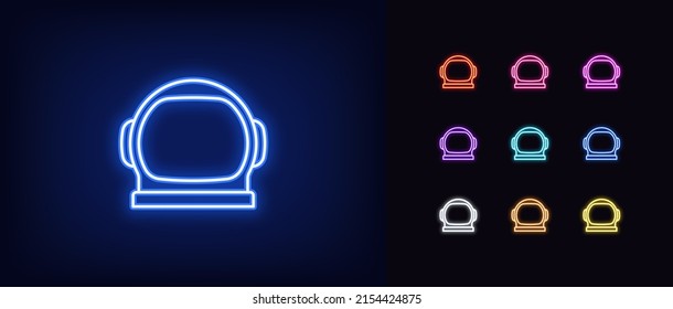 Outline neon astronaut helmet icon. Glowing neon Spaceman helmet silhouette, cosmonaut head pictogram. Space explorer, spacesuit, cosmic fly and travel. Vector icon set for UI