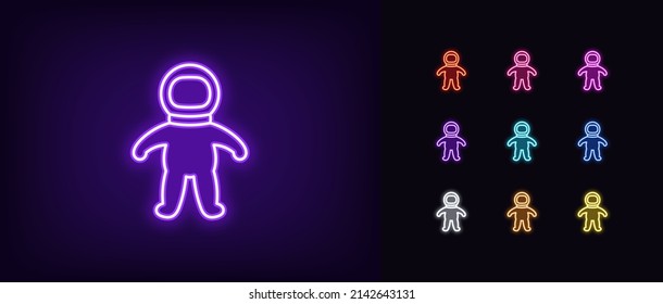 Outline neon astronaut icon. Glowing neon spaceman sign, cosmonaut pictogram in vivid colors. Space explorer, weightlessness, astronaut floating, zero gravity. Vector icon set, symbol for UI