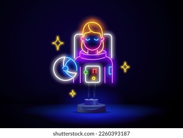 Outline neon astronaut icon. Glowing neon spaceman sign, cosmonaut pictogram in vivid colors.