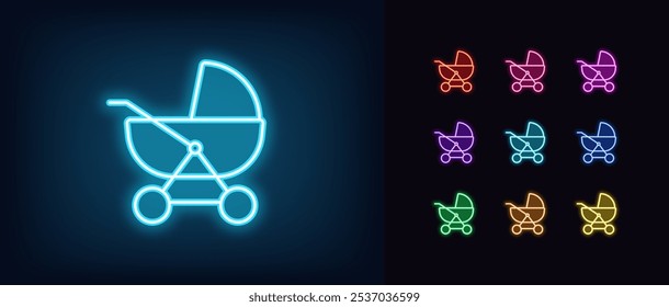 Umreißen Sie das neonfarbene Kinderwagensymbol. Leuchtende Neon Baby Kinderwagen Ikone, Geburt des Kindes. Kinderwagen, Kinderwagen, Kinderwagen, glückliche Mutterschaft, Gesundheitsfürsorge für Neugeborene. Vektorsymbole