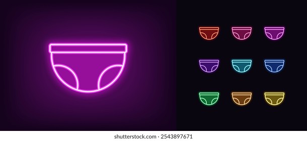 Outline neon baby panty icon set. Glowing neon diaper for baby and adult. Baby nappy, kid pants, newborn care, hygienic diaper pants, sanitary underwear, child health care. Vector icons