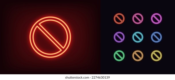 Outline neon ban icon. Glowing neon forbidden crossed circle sign, ban and restriction pictogram. Not allowed entry, mistake, embargo and sanction, illegal way, wrong. Vector icon set svg