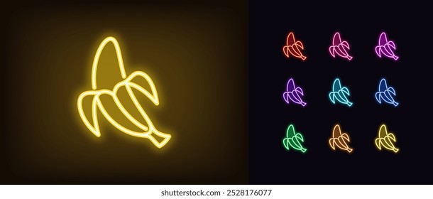 Umriss des neonbananen Symbolsatzes. Glühende Neon-Bananenfrucht mit geöffneter Schale, Umrisssilhouette. Reife tropische Früchte, Bananengarten, Bio-Lebensmittel, Frucht-Diät, Sommer-Vitamine, Gesundheit Lebensmittel. Vektorsymbole