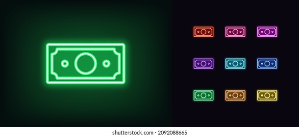 Outline neon banknote icon. Glowing neon cash sign, money pictogram in vivid colors. Bank note silhouette, investments, abstract digital money and currency. Vector icon set, symbol for UI