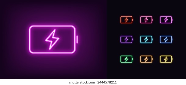 Outline neon battery icon set. Glowing neon electric battery with lightning sign. Charging accumulator, electric energy and fuel, fast charge effect, recharge, smart battery charging. Vector icon set