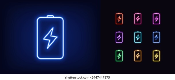 Outline neon battery icon set. Glowing neon battery sign with electric lightning. Charging accumulator, electric energy and fuel, smart battery charging, recharge, fast charge effect. Vector icon set