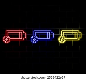 Outline neon battery icon set. Glowing neon electric battery with lightning sign. Charging accumulator, electric energy and fuel, fast charge effect, recharge, smart battery charging. Vector icon set.