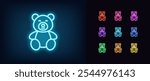 Outline neon bear toy icon set. Glowing neon sitting bear doll with smile, kid soft toy. Plush baby bear, birthday gift for kid, child plush toy, soft animal doll, cute present. Vector icons