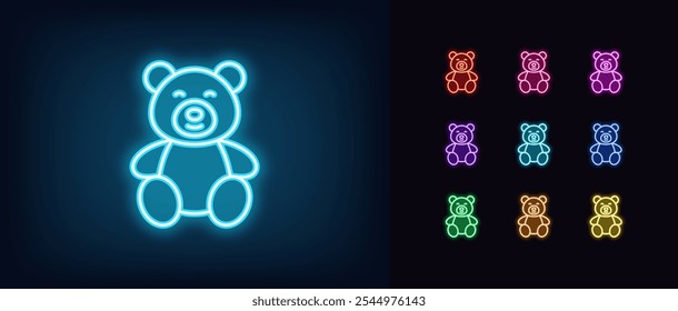 Contorno de neon urso brinquedo ícone set. Néon brilhante sentado urso boneca com sorriso, brinquedo macio criança. Urso de bebê de pelúcia, presente de aniversário para criança, brinquedo de pelúcia infantil, boneca de animal macio, presente bonito. Ícones de vetor