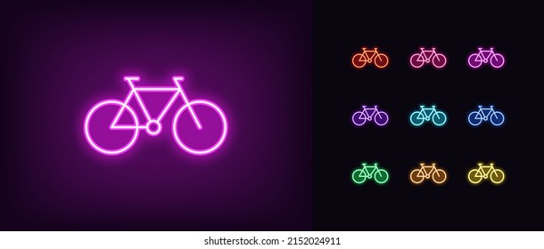 Outline Neon Bike Icon. Glowing Neon Bicycle Silhouette, Road Cycle Pictogram. Bike Rent, Bicycle Rides, Bike Store And Repair Parts, Rental Bicycle For Recreation. Vector Icon Set For UI