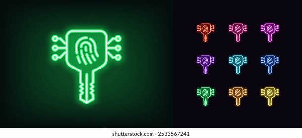 Contornar o conjunto de ícones de chave biométrica neon. Chave digital neon brilhante com digitalização de impressão digital, chave de acesso privada. Logon seguro do sistema, segurança cibernética, identidade do usuário, ID privada, proteção inteligente. Ícones de vetor