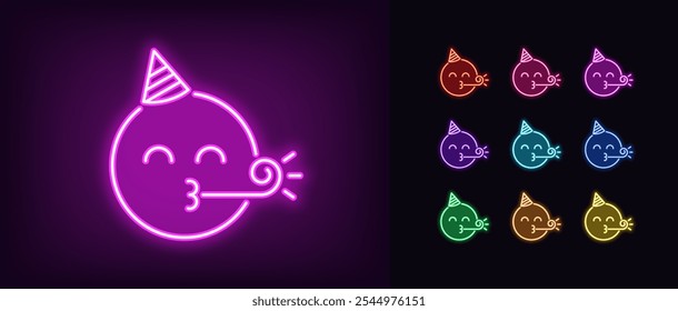 Contornar emojis de aniversário de néon, conjunto de ícones vetoriais. Emoji festivo neon brilhante com chapéu de cone e ventilador de festa, aniversário comemorar. Emoticon feliz com apito, festa de aniversário, emoção alegre, humor de férias