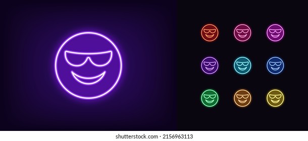Outline neon boss emoji icon. Glowing neon cool emoticon with sunglasses and smile, confident face pictogram. Funny cool emoji in glasses, boss face, business emoticon. Vector icon set for UI