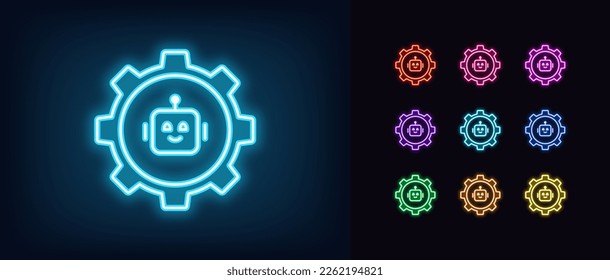 Outline neon bot settings icon. Glowing neon gear wheel frame with chatbot sign, smart assistant control. Bot adjustment tool, chatbot algorithm setting, robot configuration. Vector icon set