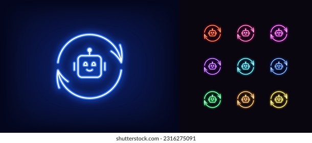 Outline neon bot update icon. Glowing neon update arrows with AI bot sign, chat bot restart and smart upgrade. Reload virtual assistant, update AI algorithms, renew control commands. Vector icon set