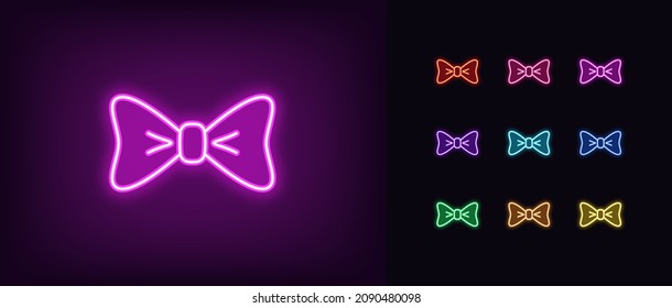 Outline neon bow knot icon. Glowing neon bowtie sign, bow necktie pictogram in vivid colors. Butterfly tie, festive outfit and holiday suit, fashion tuxedo decoration. Vector icon set, symbol for UI