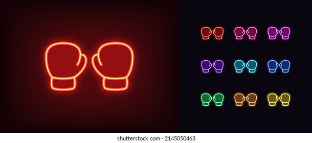 Outline neon boxing gloves icon. Glowing neon box gloves silhouette, fight sport pictogram. Box championship and competition, fight club and boxer outfit. Vector icon set, symbol for UI