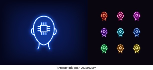 Outline neon brain chipping icon. Glowing neon human head with chip, artificial intelligence sign. Personal chip, brain biohacking, digital mind and intellect. Vector icon set, symbol for UI