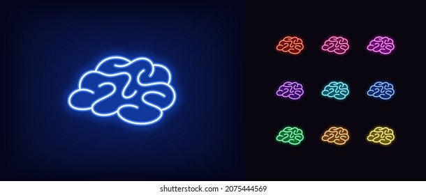 Outline neon brain icon. Glowing neon brain sign, intelligence pictogram in vivid colors. Brain biohacking and IQ, human memory and intellect, mental health. Vector icon set, symbol for UI