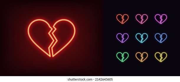 Outline neon broken heart icon. Glowing neon heart with crack, heartbreak pictogram. Lost love and passion, divorce, breakup relationship, infidelity and heartache. Vector icon set, symbol for UI