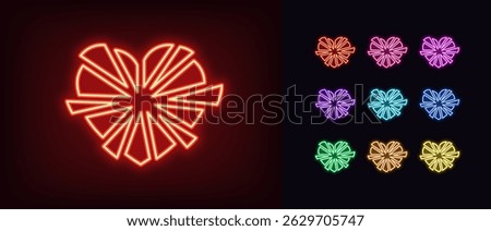Outline neon broken love icon. Glowing neon broken heart fragments, fragile love relationship. Shattered heart with glass shards, destroyed love, hurt feeling, heartbreak pain. Vector icon set