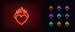 Outline Neon Burning Heart Icon. Glowing Neon Heart With Fire, Blazing Love Pictogram. Hot Passion, Love Flame, Blazing Feeling, Passion Flame And Fire. Vector Icon Set, Silhouette And Symbol For UI