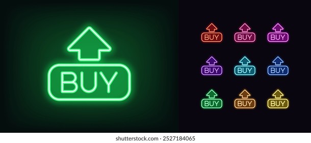 Outline neon Buy icon set. Glowing neon Buy button with up arrow, growing stock market. Stock exchange trading, forecast signal to Buy, green share price, bullish stock market, investment. Vector icon