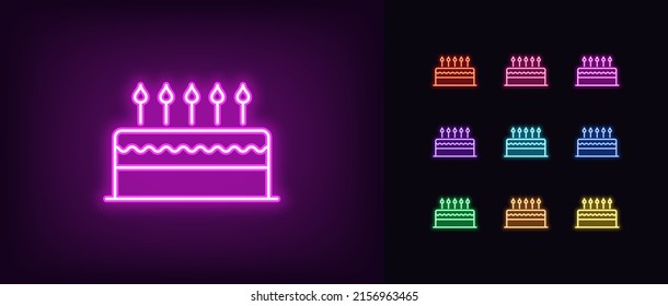 Outline neon cake icon. Glowing neon cake with burning candles, birthday and dessert pictogram. Confectionery and cake shop, birthday party, delicious gift and sweet pleasure. Vector icon set for UI