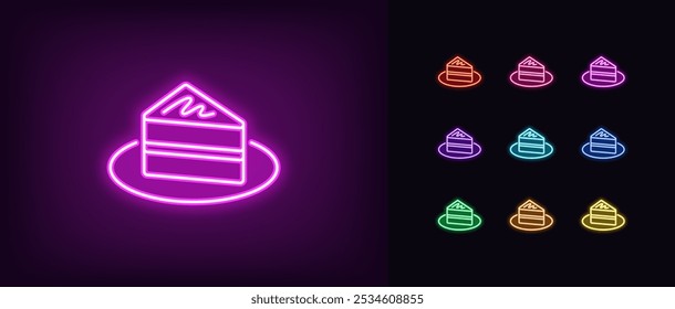 Outline neon cake piece icon set. Glowing neon cake slice with cream on plate, chocolate pie. Festive sweet dessert, birthday cake, cheesecake piece, holiday pie slice, sweet bakery. Vector icons