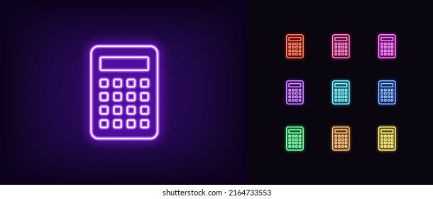 Outline neon calculator icon. Glowing neon math calculator sign, counting device pictogram. Business data calculation, financial accounting, budget estimate, economy and finance. Vector icon set