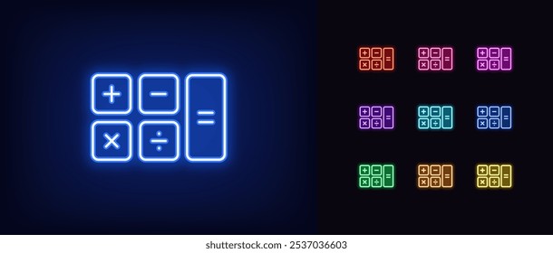 Outline neon calculator icon set. Glowing neon investment calculator, mortgage calculation, budget balance estimation. Finance education, maths, expense accounting, financial management. Vector icons